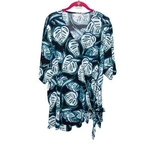 CJ Banks 3X Black Green Blue Tropical Leaf V-Neck Knit Wrap Tie‎ Top Shirt Plus